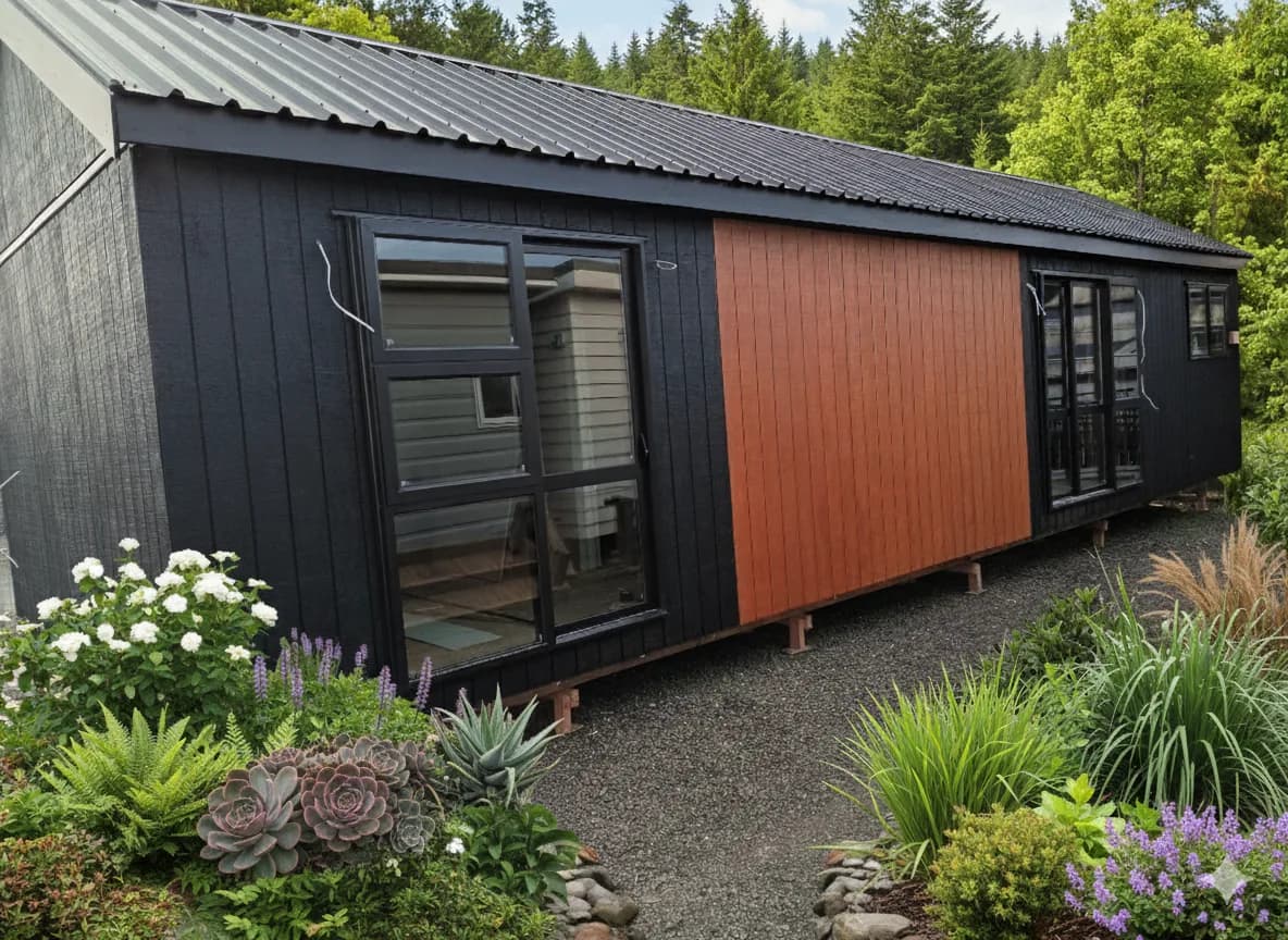 A dark-clad KDL tiny home with a rust-orange accent panel, sited in a planted garden