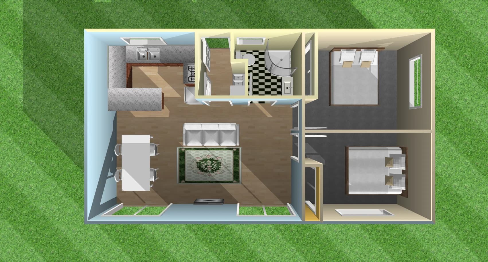 A 3D floor plan render showing the internal layout of a KDL build