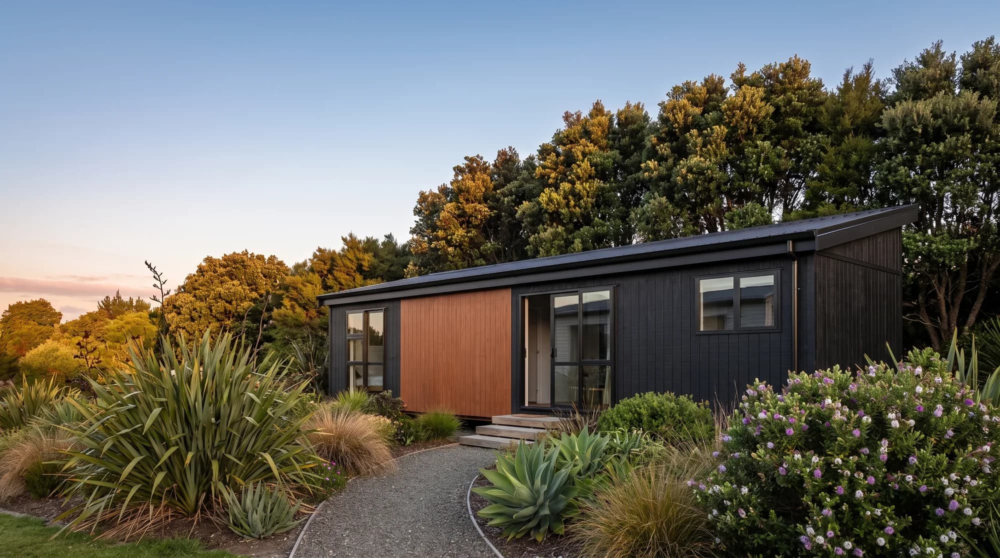 A dark-clad KDL tiny home with cedar accent panel, sited in a landscaped New Zealand garden at golden hour