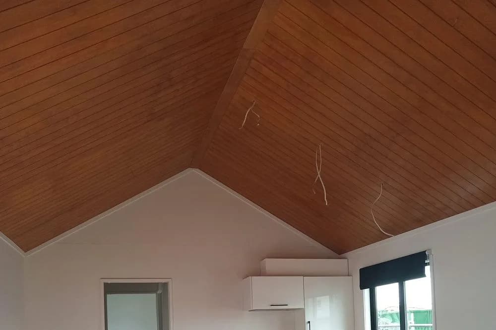 Vaulted timber-lined apex ceiling inside a KDL cabin